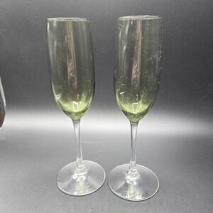 Vintage Luminarc GREEN Stemmed Champagne Flutes Glasses Bare ware Set MCM